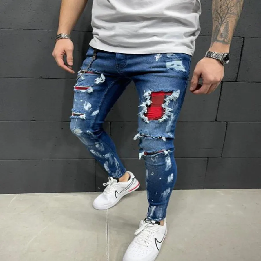 Men Painted Hole ripped jeans Stretch Skinny Jeans Slim Fit  Hip Hop Denim Trousers Casual Jeans for Men Jogging jean