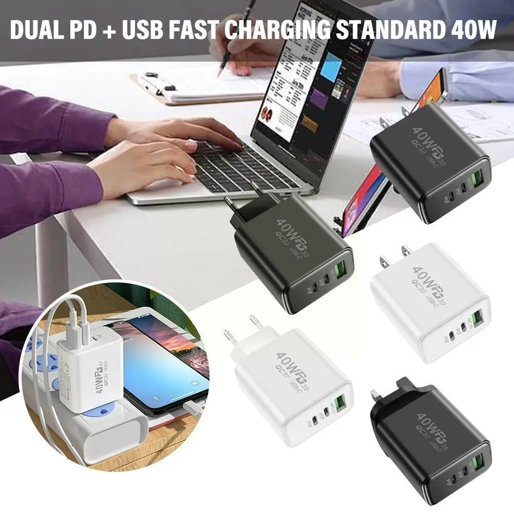 

40W Fast USB Charge Charger 3Ports EU/US Plug Wall Charger Adapter For IPhone 14 13 Huawei Samsung USB C Phone Charg F2Z8