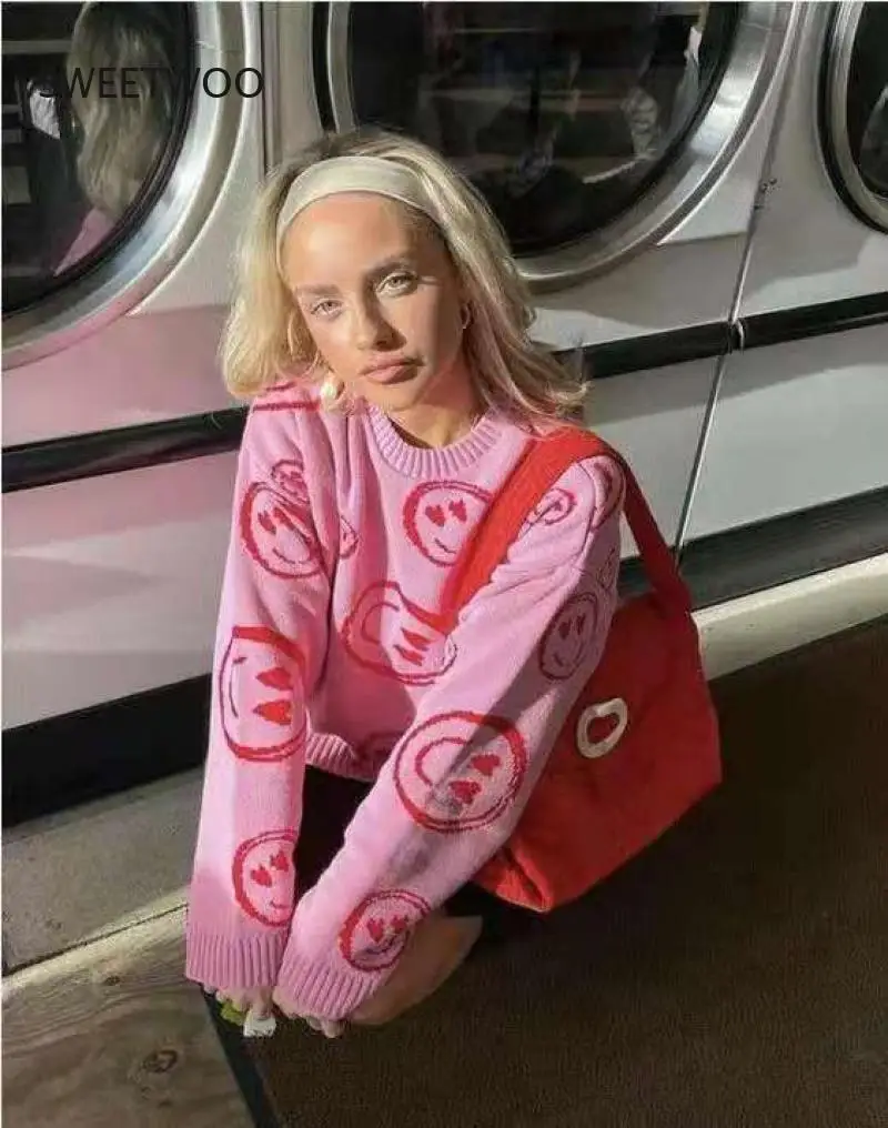 

Autumn Winter Pink Smiley Face Sweater Women Knitted Round Neck Tops Female Korean Loose Oversized Short Bottoming Sweaters