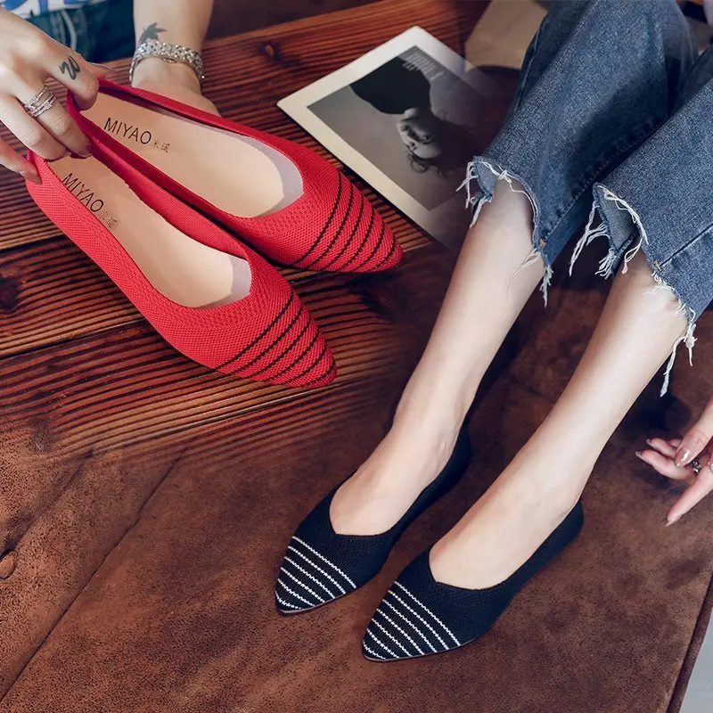 Slip on Mesh Loafers Breathable Stretch Ballet Shallow Flats Women Soft Bottom Pointed Toe Boat Shoes 35-40 Size 2022 New