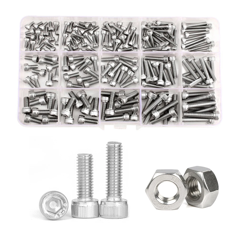 

420/210/180/110/75 PCS 304 Stainless Steel Hexagon Hex Socket Cap Head Screw Bolt Nut Set Assortment Kit M2 M2.5 M3 M4 M5 M6 M8