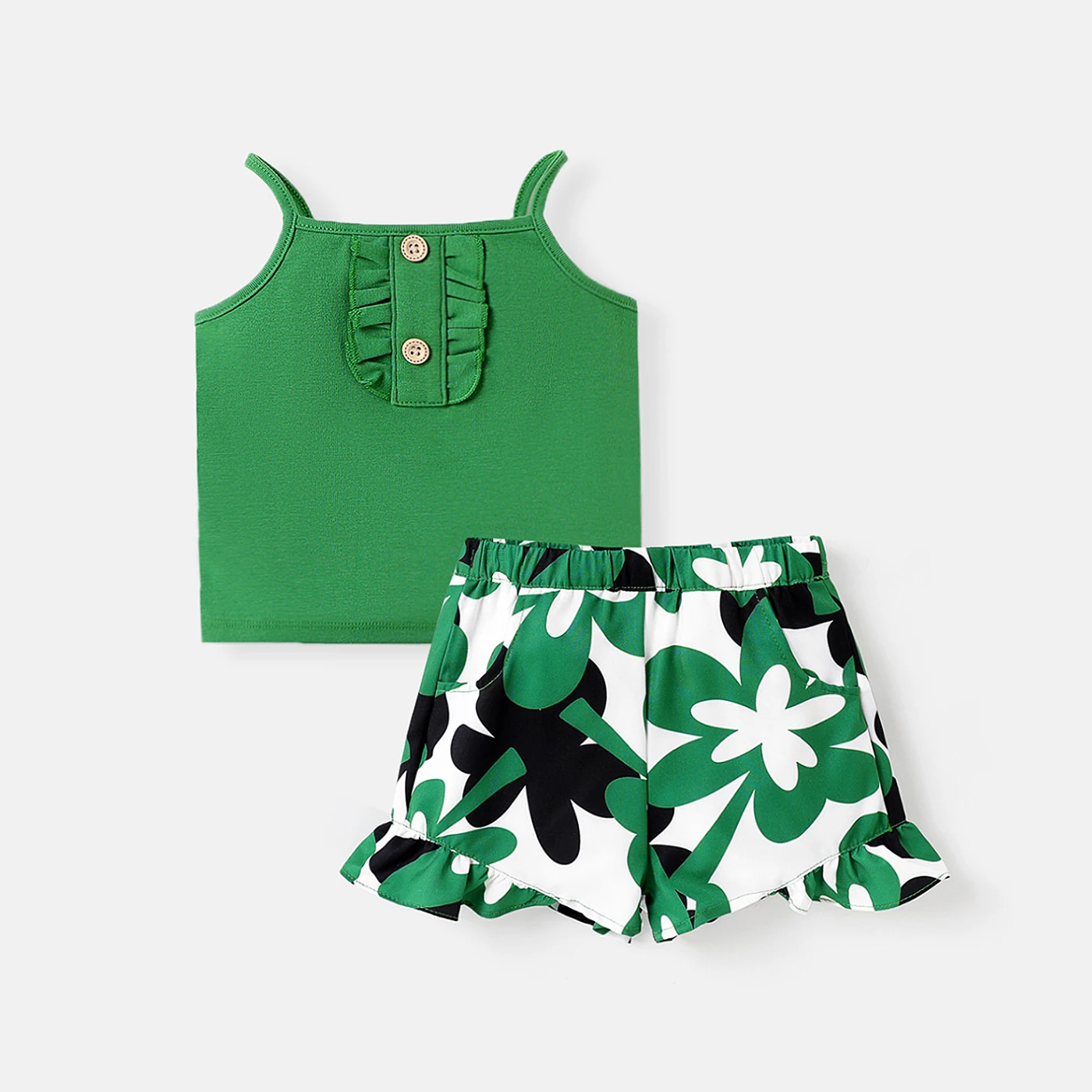 

PatPat 2pcs Baby Girl Green Cotton Frill Trim Cami Top and Floral Print Shorts Set