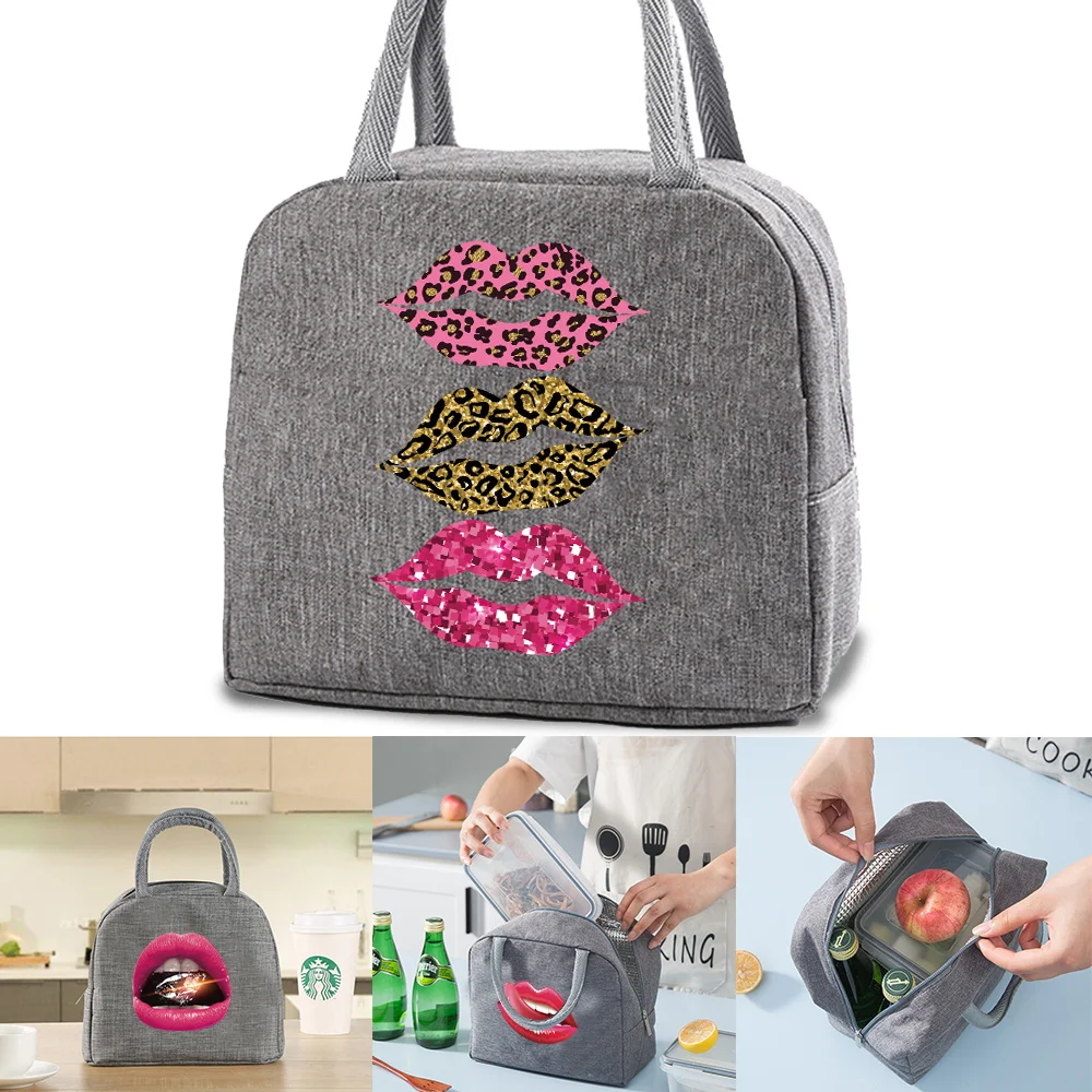 

Lunch Bag Women Kids Food Thermal Lunch Box Insulated Cooler Bags Portable Canvas Pouch Mouth Print Organizer Waterproof Handbag