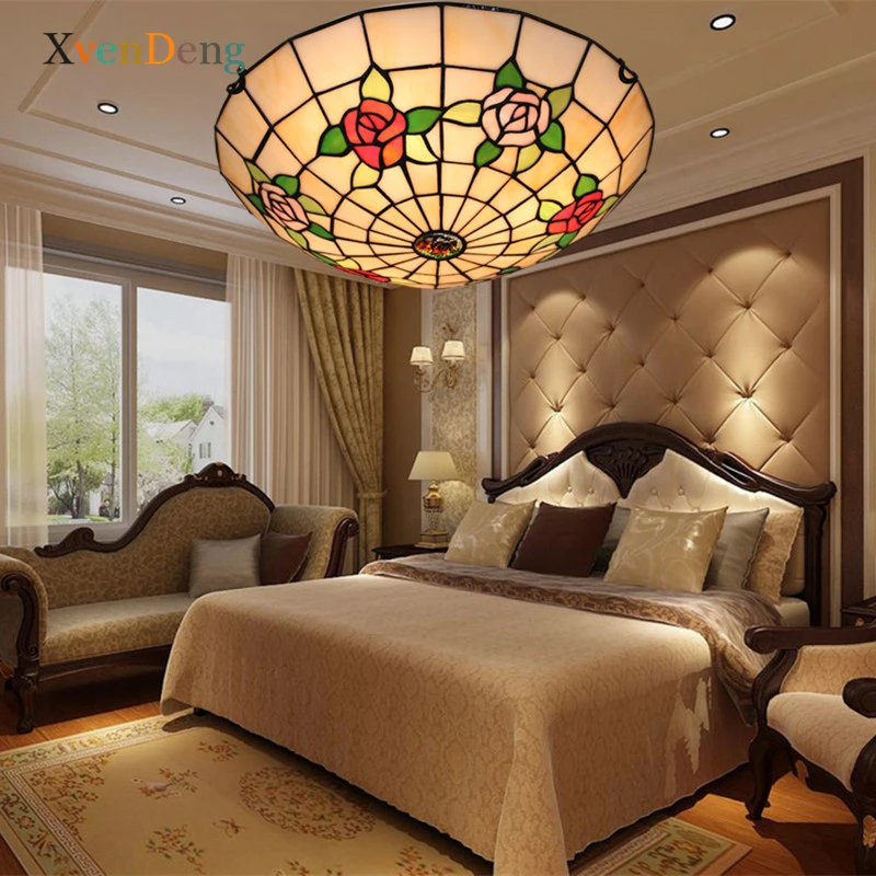 

Tiffany Stained Glass Ceiling Lamp Vintage Red/Blue/Pink Rose Bedroom Living Room Kitchen Corridor Home Decor LED Ceiling Lights