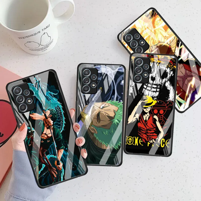 

Tempered Glass Case For Samsung Galaxy A52 A71 A53 A51 A23 A33 A50 A13 A12 A21s A14 A32 Luxury Phone Cover Hero Luffy-Zoro-Ace