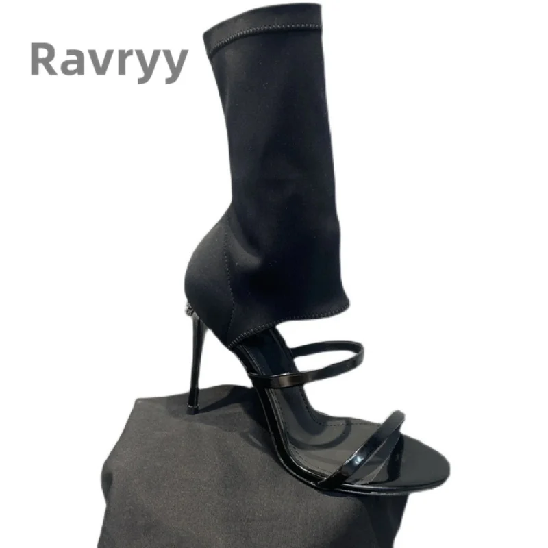 2023 Summer Hot Fashion Boots Open Strip Versatile Concise High Heel Boots Thin Heel Sewing Stretch Cloth Slip-On Women Shoes