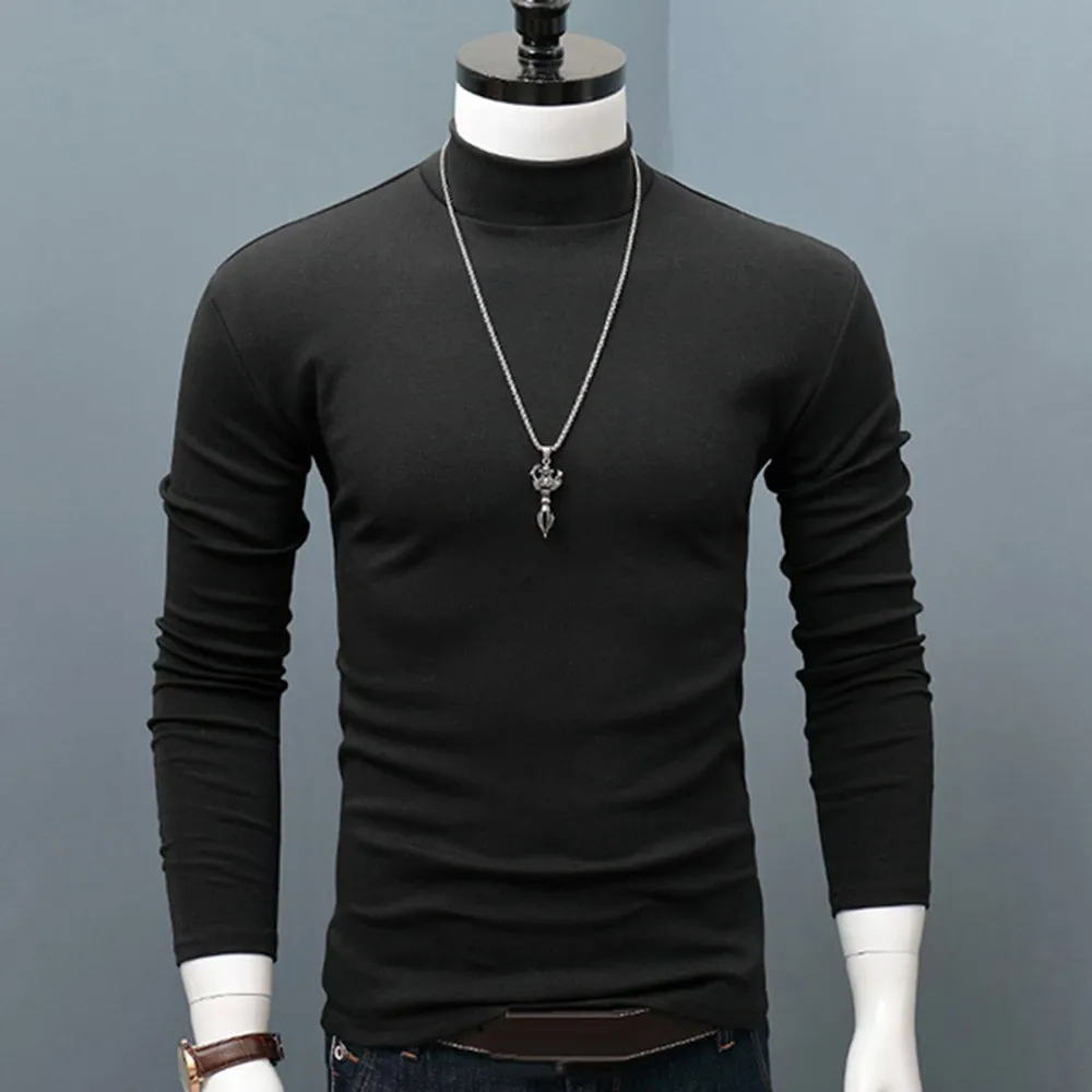 Men Winter Warm Half High Collar Fashion Thermal Underwear Mock Neck Basic Plain T-Shirt Blouse Pullover Long Sleeve Comfort Top