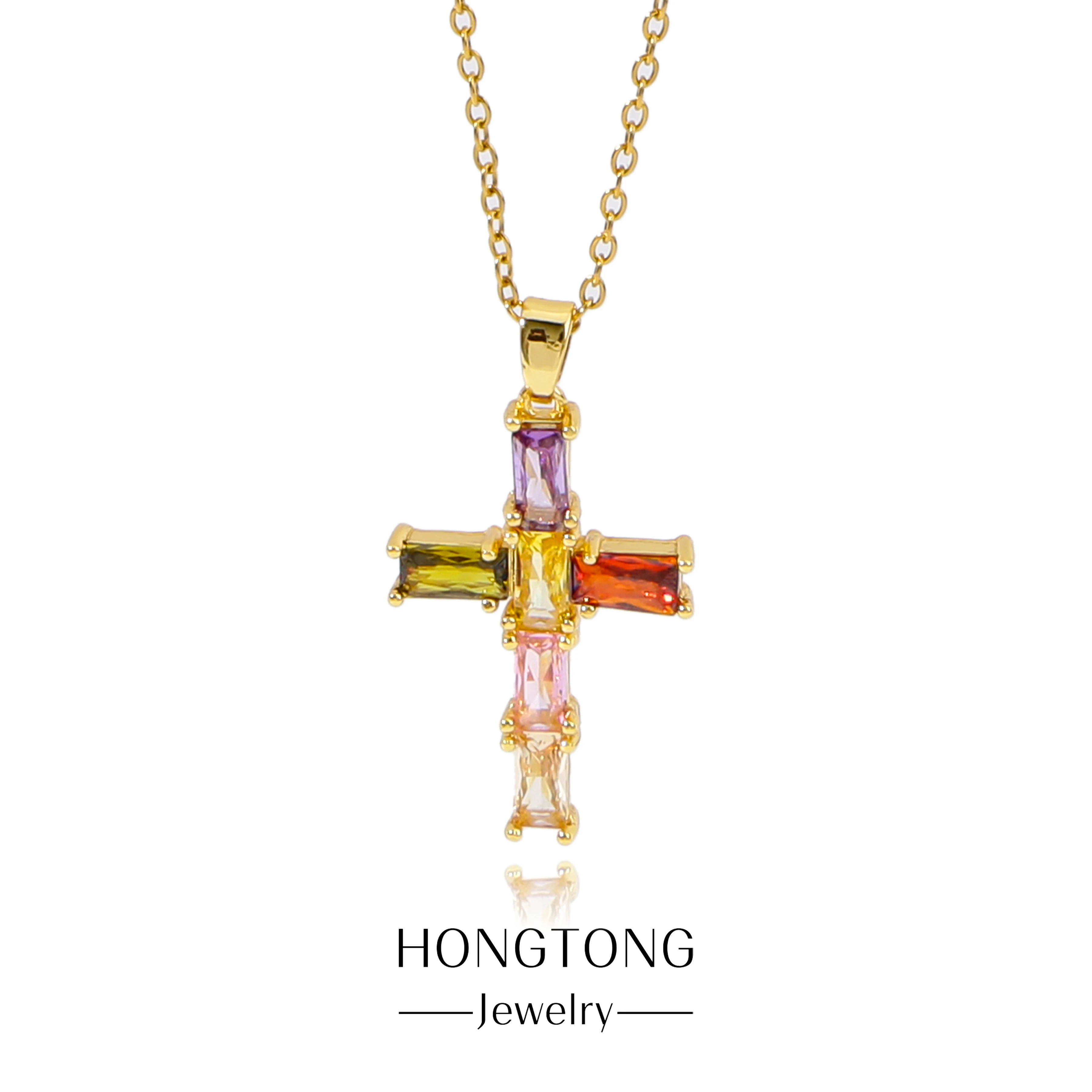 

HONGTONG Colorful Exquisite Bamboo Splicing Pendant Fashion Commuting Cross Relief Stainless Necklace Temperament Religious Gift