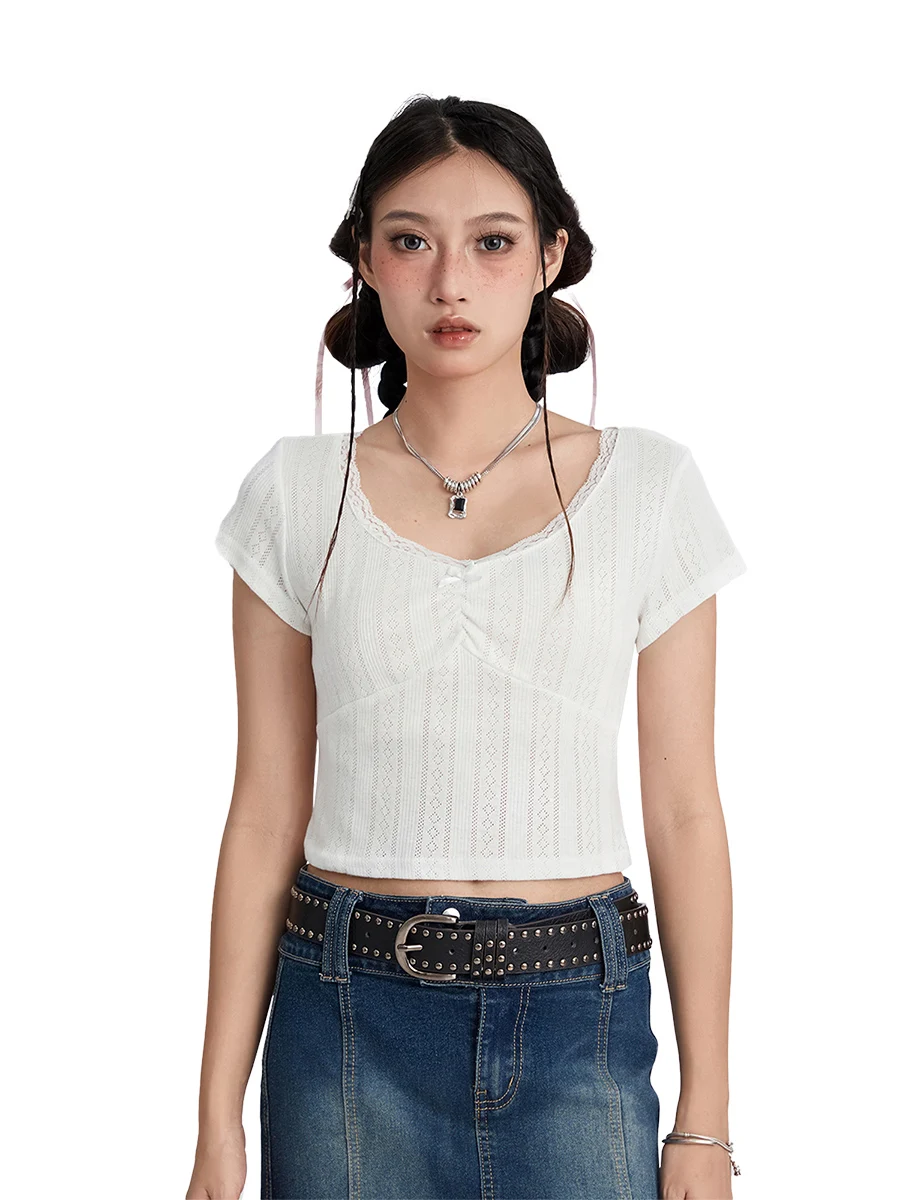 

Женские элегантные кружевные кроп-топы MyBoooMyYa с коротким рукавом-стильные однотонные базовые летние футболки