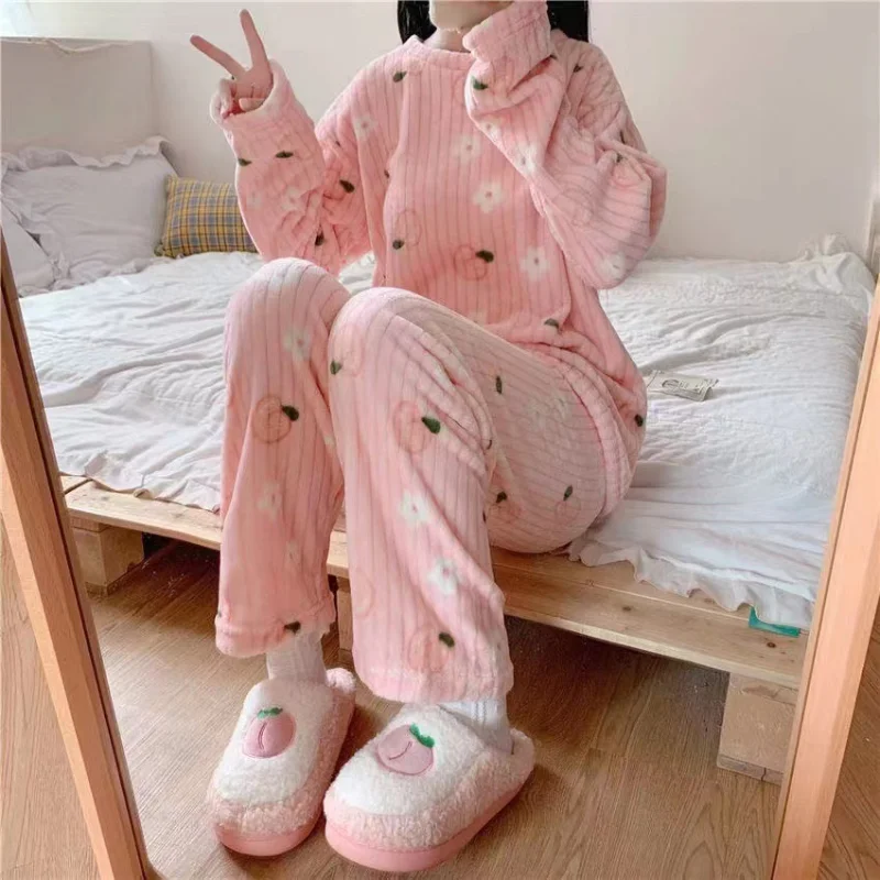Cute Sweet Autumn Winter Warm Pajama Set Women Chic Coral Fleece Peach Print Soft Homewear Female Sleepwear Pyjamas 2 Piece Sets