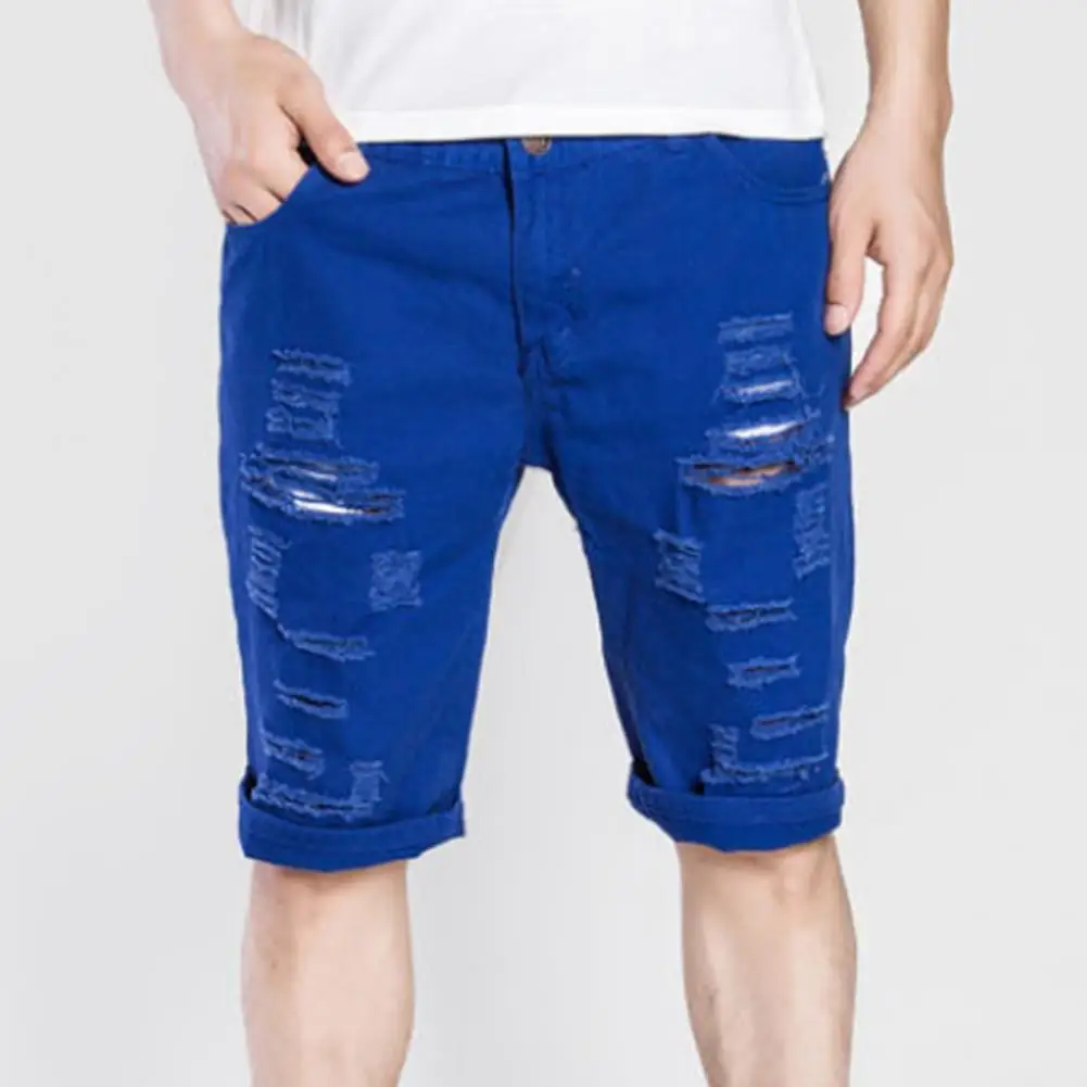

2022 Men Shorts Solid Color Straight Ripped Hole Soft Summer Jeans Runway Destroyed Ripped Jeans Shorts Plus Size for Daily Wear