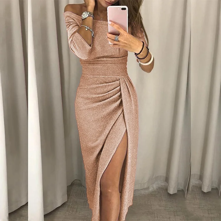 

Women Autumn Spring Off Shoulder Party Dress Sexy Robe Solid High Slit Fashion Three Quarter Sleeve Bright Silk Shiny Maxi Dress