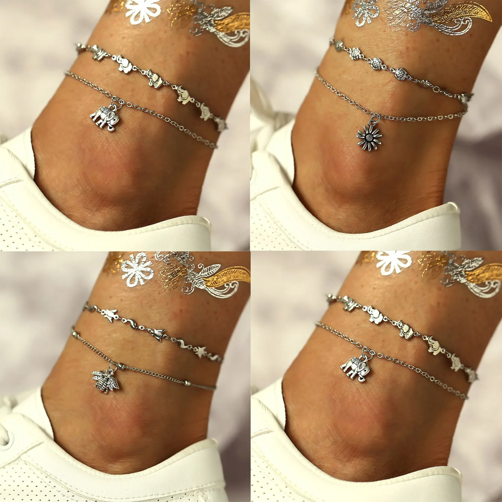

2022 Fashion Female Ankle With Retro Elephant Bee Pendant Bracelet Summer Ocean Barefoot Beach Leg Chain Bracelet Jewelry Gift