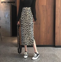 2022 early spring new fashion clothes long slit leopard print womens skirt autumn winter high waist knitted skirt alt clothes