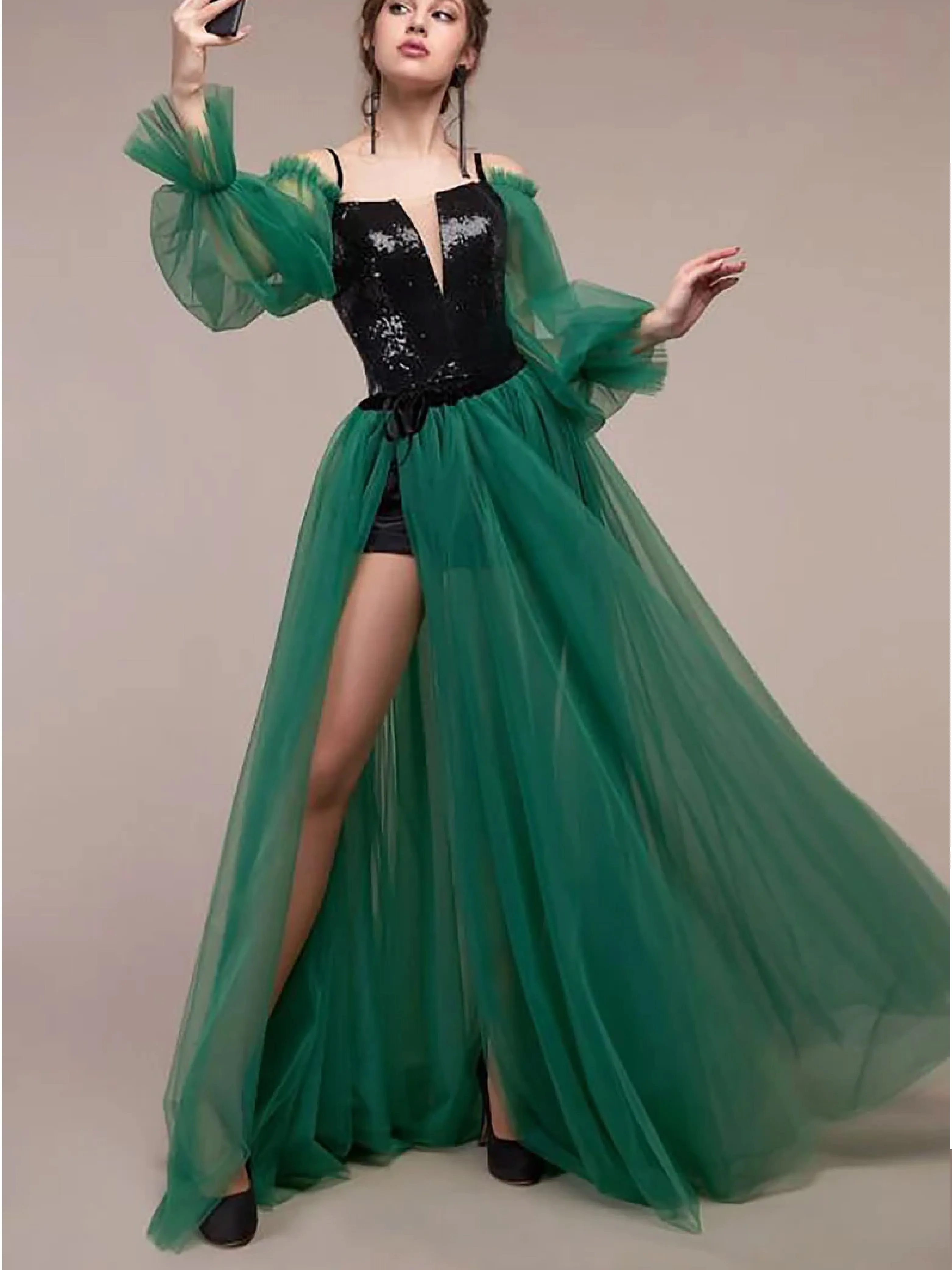 

Robe De Soire De Mariagespaghetti Straps Tube Top Deep V Neck Green Royal Blue Splicing Dresses for Women Puff Sleeves Vestido