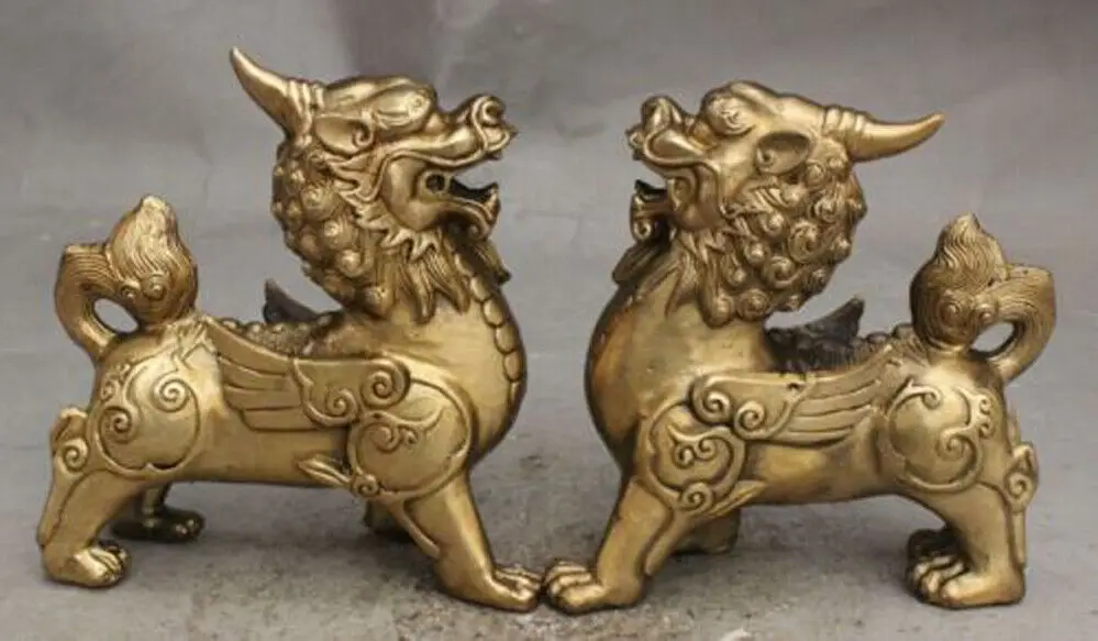 

11cm Pair FengShui Brass Guardian Wealth PiXiu Kirin Brave troops Old Statue