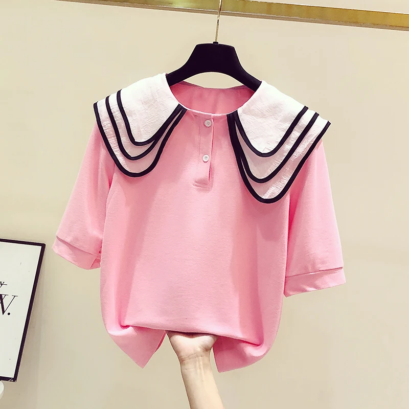 

2022 Summer Pink T-Shirts Women New Loose Half Sleeve College Style Peter Pan Collar Tee Tops Students