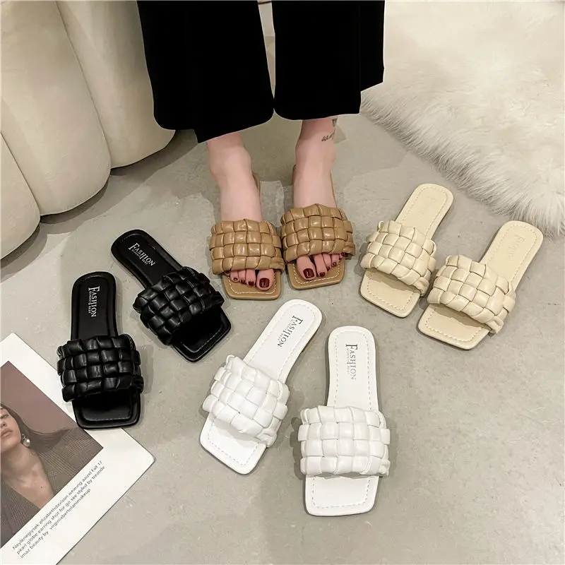 

Ladies Summer New Leather Woven Flat Bottom Square Toe Slippers for Girls Elegant and Fashionable All-match Flat Shoes