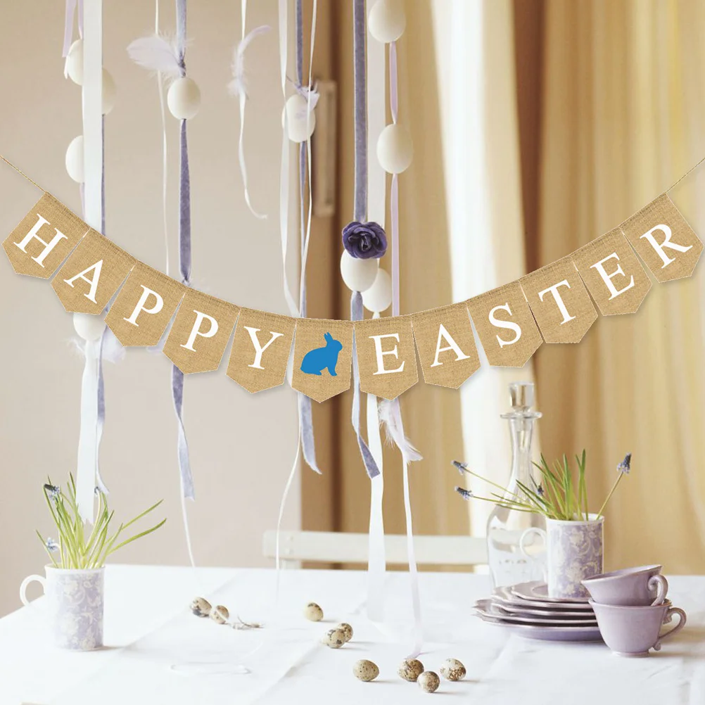 

Happy Bunny Banner Jute Fabric Bunting Swallowtail Party Decoration Flag (Blue)