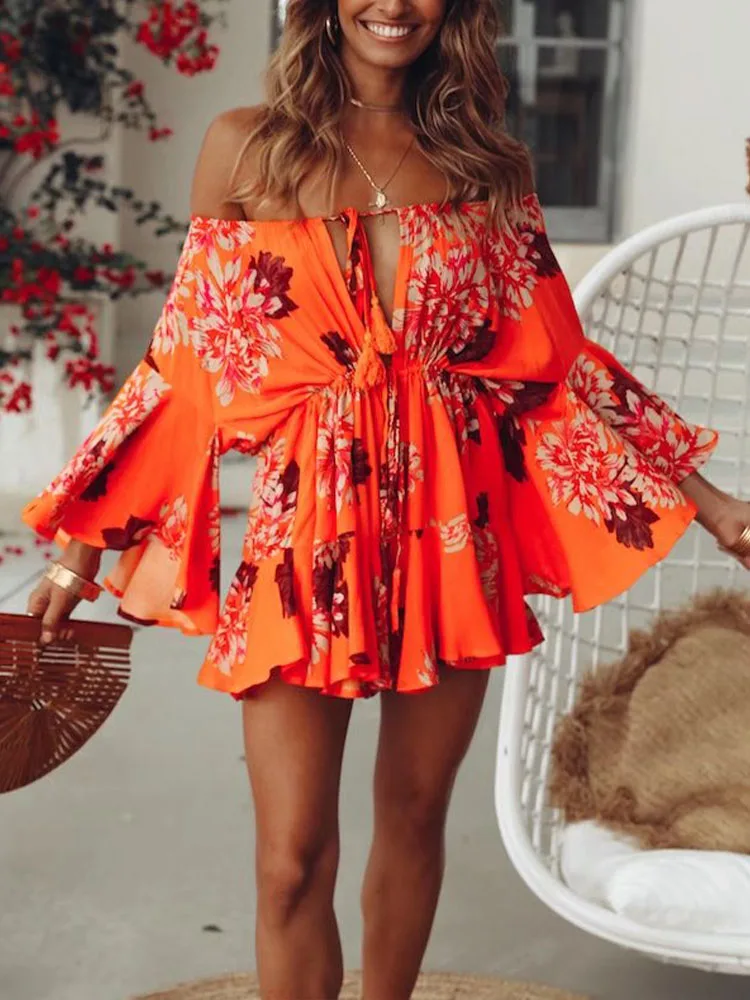 

ZATRHMBM Female clothing New Fashion printing hollow out chic and elegant Ladies dress flared sleeve dresses for women 2022