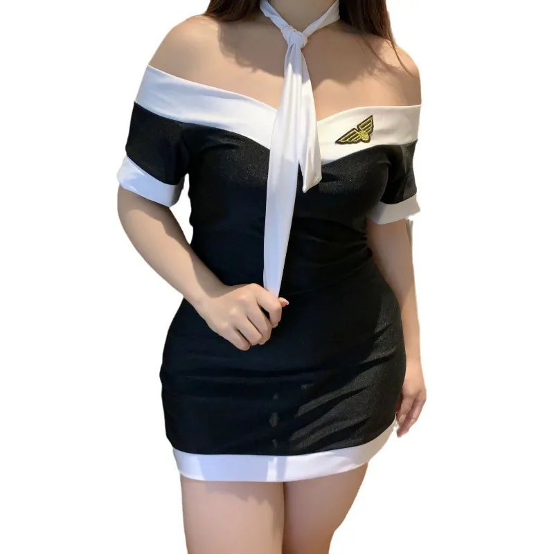 100 кг 4XL униформа стюардессы сексуальное платье с открытыми плечами и короткими