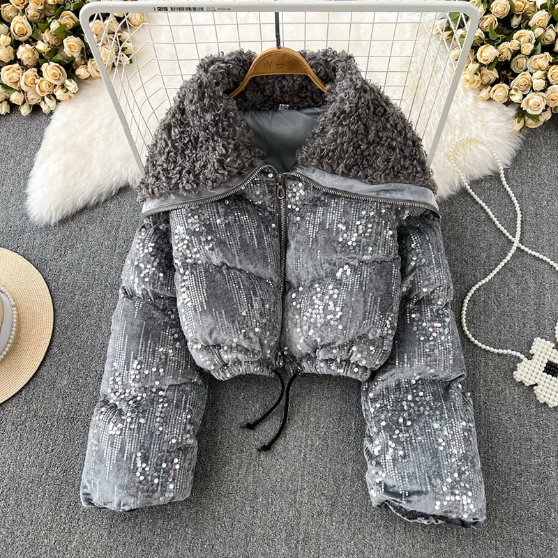 

New Winter Women's Short Jacket Cotton-padded Coat Drawstring Fashion Naval Collar Loose Fashion Sequins Wadded Jackets