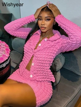 Wishyear New In Long Sleeve Jacket and Mini Skirt Two Piece Set for Women Sexy Party Club Popcorn Bodycon Stretch Dress Outfits 1