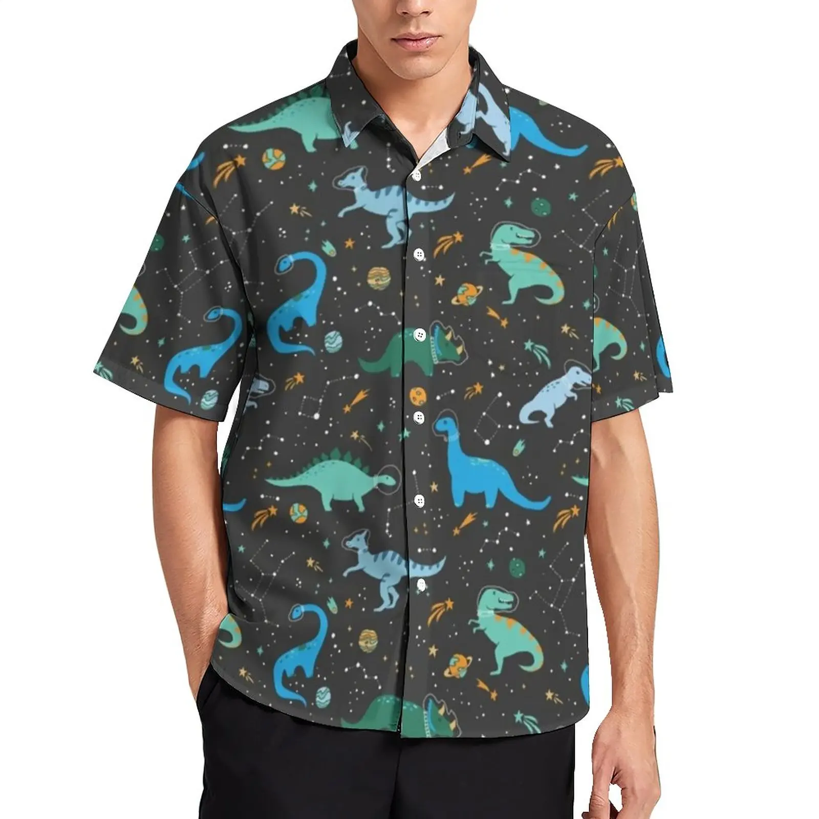 

Space Dinosaur Beach Shirt Cute Animal Print Hawaiian Casual Shirts Man Y2K Blouses Short Sleeve Custom Clothes Plus Size