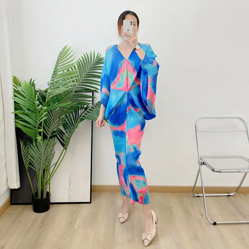 

Плиссированное летнее платье с V-образным вырезом, новинка, свободный крой, с рукавом летучая мышь, плиссированная юбка для детей