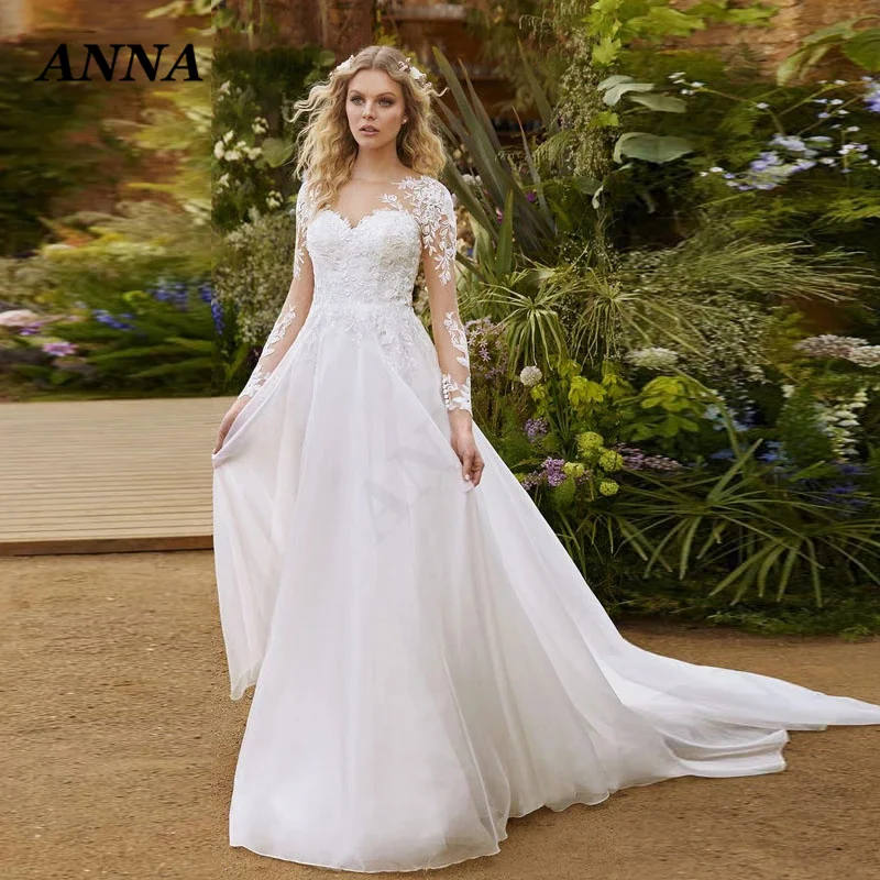 

Anna Beauty Wedding Dress 2022 Elegant O-Neck Chiffon Beach Party Gown Simple Applique Button Vestido De Noiva Civil Women Skirt