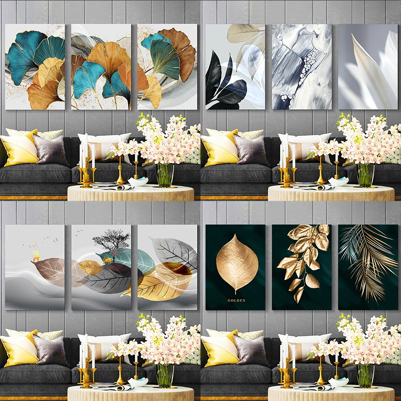 

Modern 3pcs Abstract Leaves on Canvas Painting Wall Art Posters and Prints Plant Wall Art Picture for Living Room Cuadros