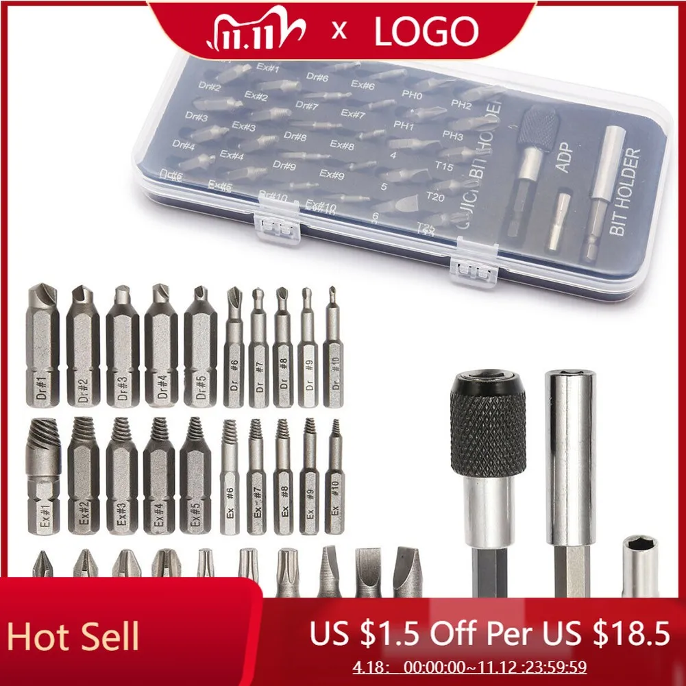 

33pcs Broken Wire Extractor Damaged Screw Extractor With Screwdriver Bits For Broken Bolt Remover Kits Power Tool Drill Kit