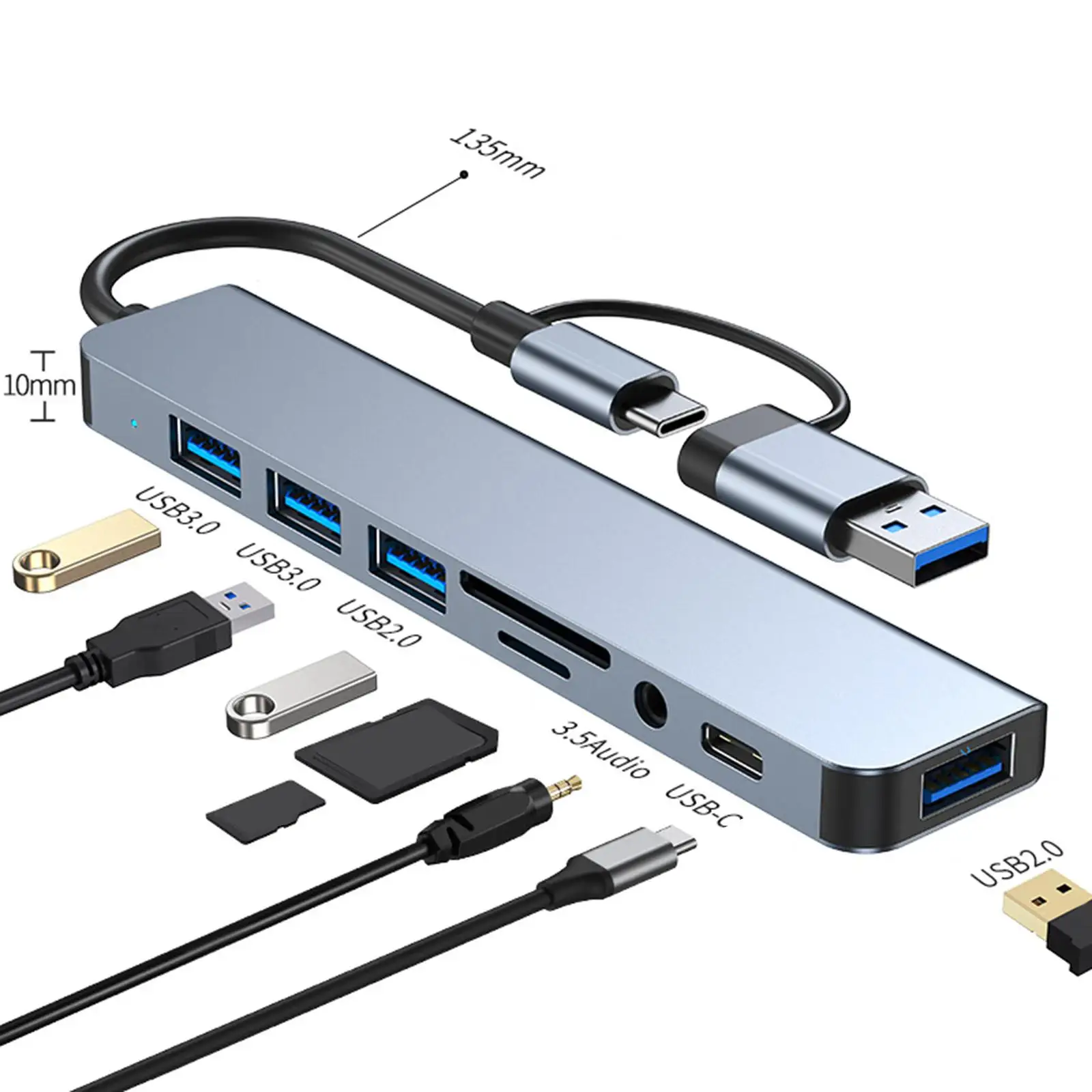 

USB Type C Hub Adapter Aluminum Alloy 8 Port Hub USB3.0 USB C USB C Multiport Adapter for Type C Tablets Mobile Phones Notebooks