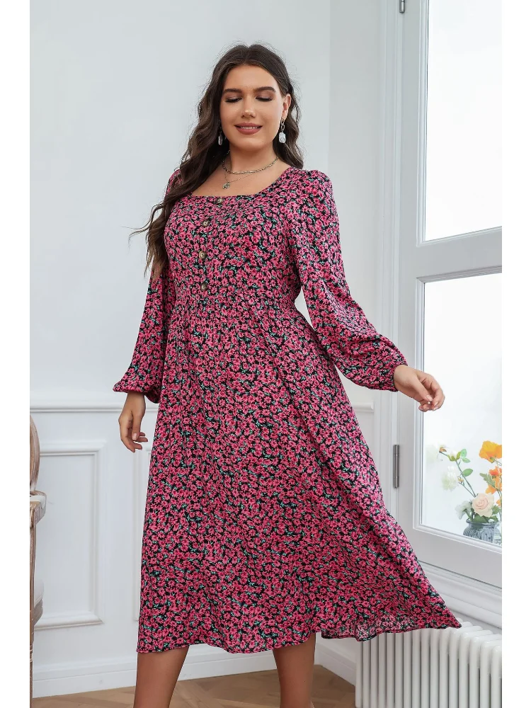 Summer New Women's Square Neck Large Print Dress plus size feminino  vestidos para casamento convidados