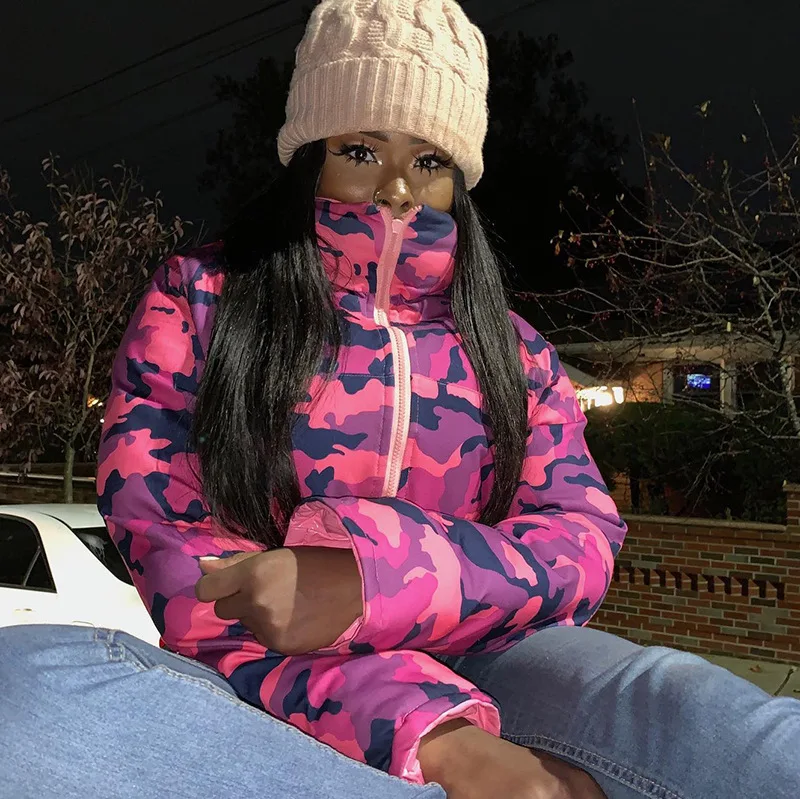 Casual Padded Jacket for Women Reversible Long sleeves Printing Stand Collar Cotton Coat Girls Winter Fashion