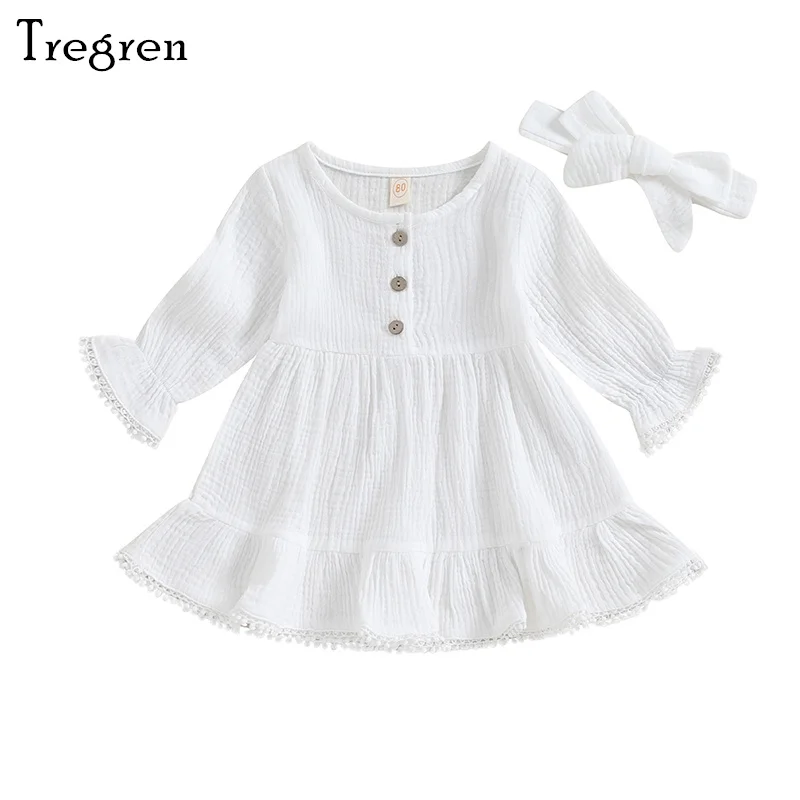 

Детское Хлопковое платье Tregren, однотонное платье с кружевной отделкой, круглым вырезом, пуговицами и расклешенными длинными рукавами, осеннее платье принцессы с повязкой на голову