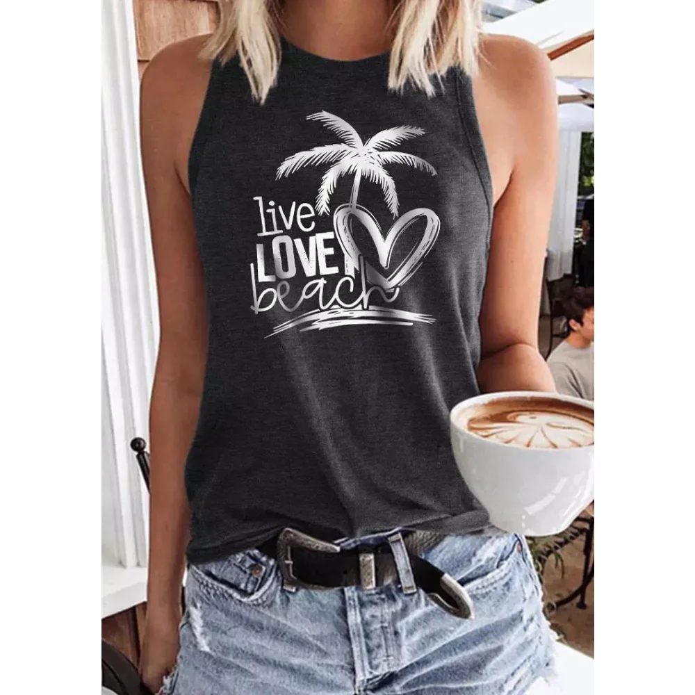 

Rheaclots Women's Live Love Beach Coconut Tree Printed Casual O-Neck Tank Top