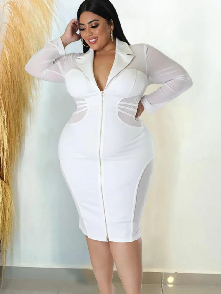 Plus Size Sexy V Neck Dress for Women Bodycon Slim Fit Zipper Robes Long Sleeve Mesh Patchwork See Through Slit Club Wear Autumn