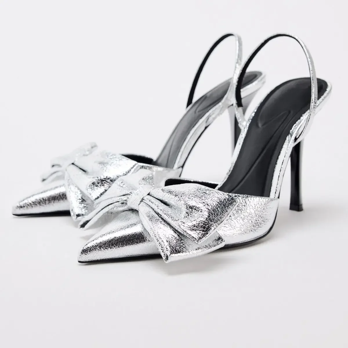 ZA 2024 женская обувь модные тонкие туфли Muller на высоком каблуке с серебряным бантом