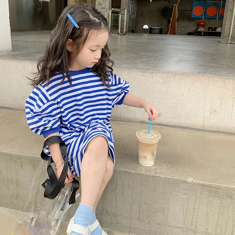 

T-Shirt Dress Girls Striped Mid-Sleeve Long Top Sweater Dress 2022 Spring Summer Beach Vacation Birthday Sports Children Kids