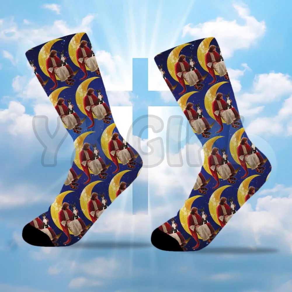 Boston Terrier And JesusGod Sitting On The Moon Socks3d Printed socks High Socks Men Women high quality long socks Novelty socks