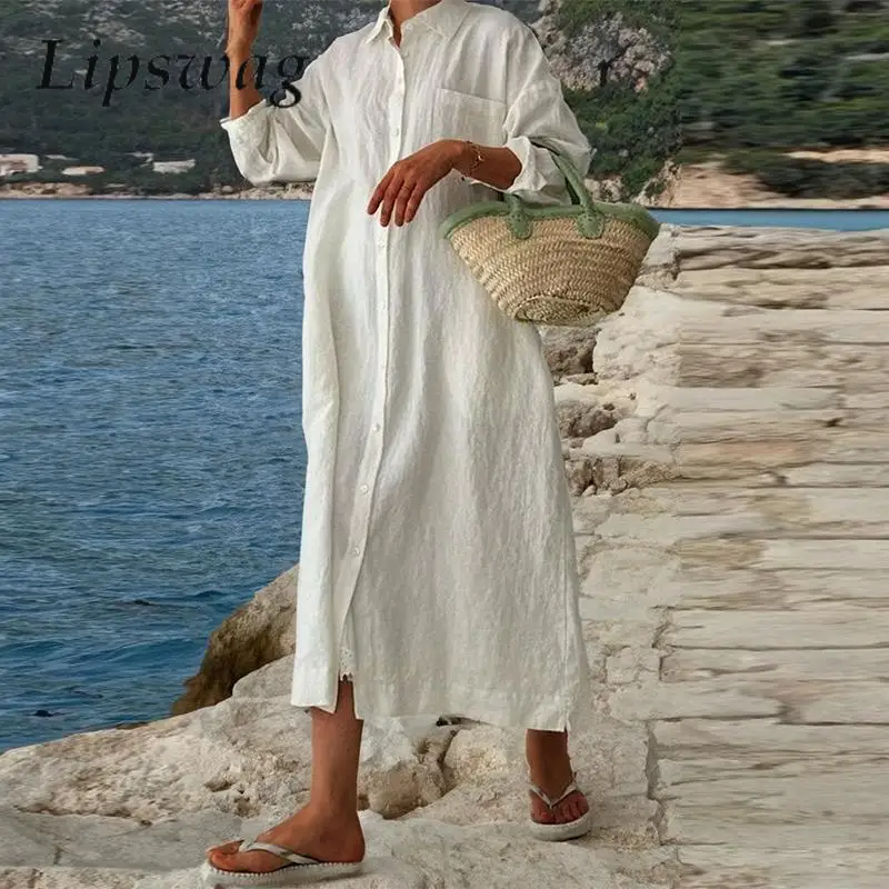 

Женское однотонное Повседневное платье-рубашка, Элегантное однобортное прямое длинное платье с отложным воротником и длинным рукавом, весна-осень