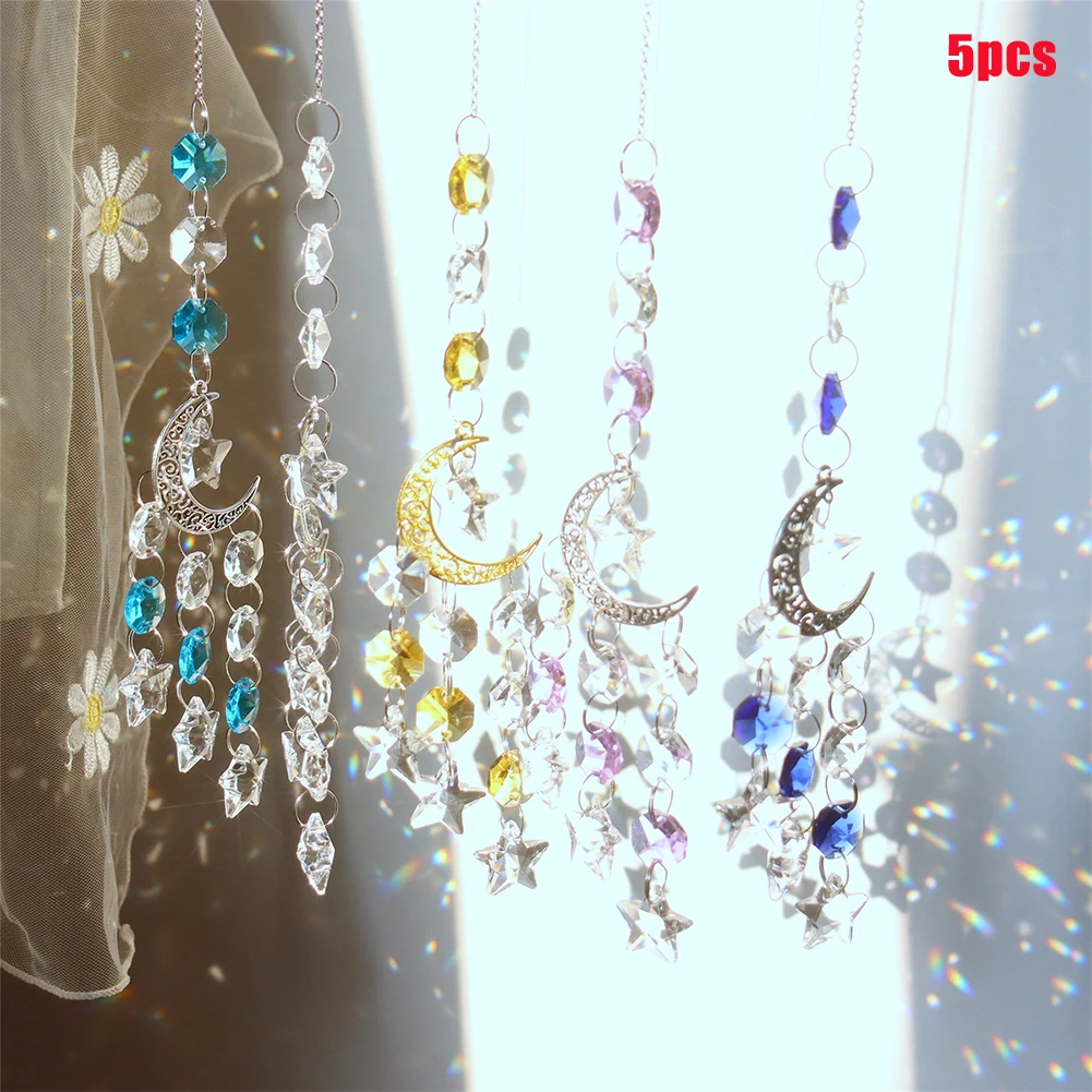 

5pcs Crystal Windchimes Star Moon Pendant Hexagon Prisms Sun Light Catcher Garden Hanging Pendant Craft for Home Bedroom Decor