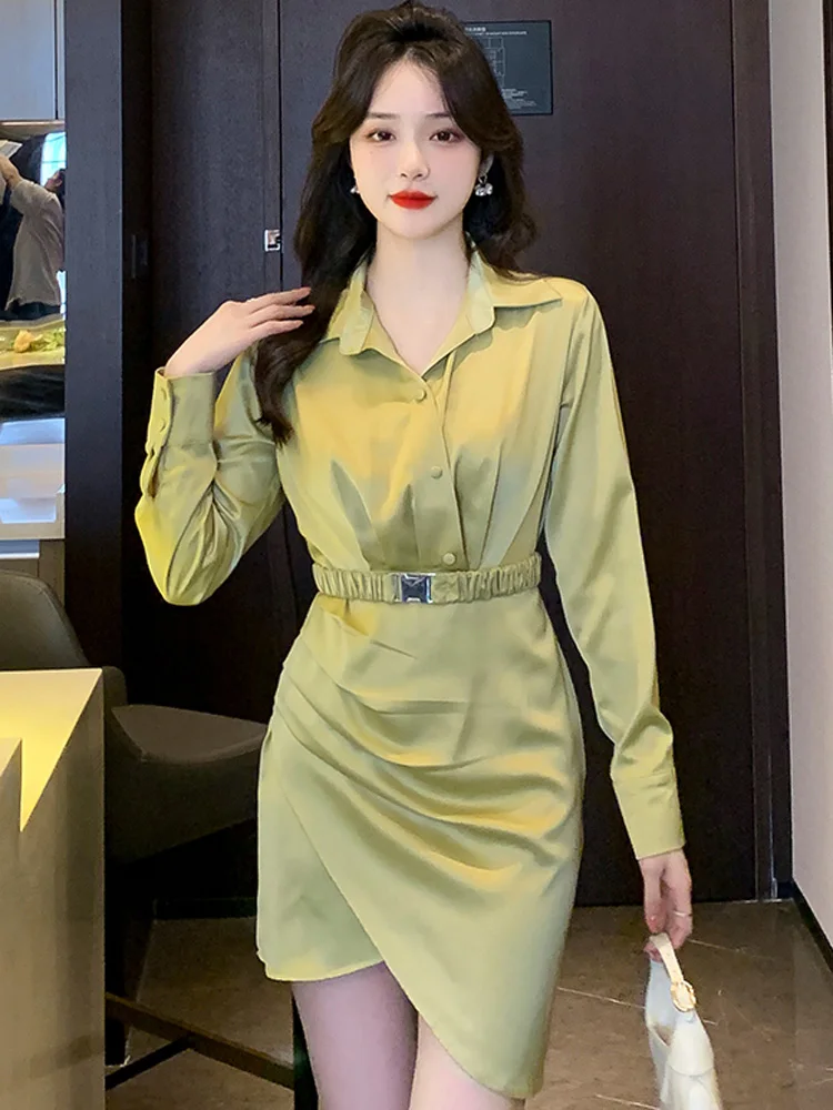 

Elegant Shirt Dress 2022 Autumn Simple Lapel Full Sleeve Single Breasted High Waist Folds Asymmetrical Temperament Office Dress