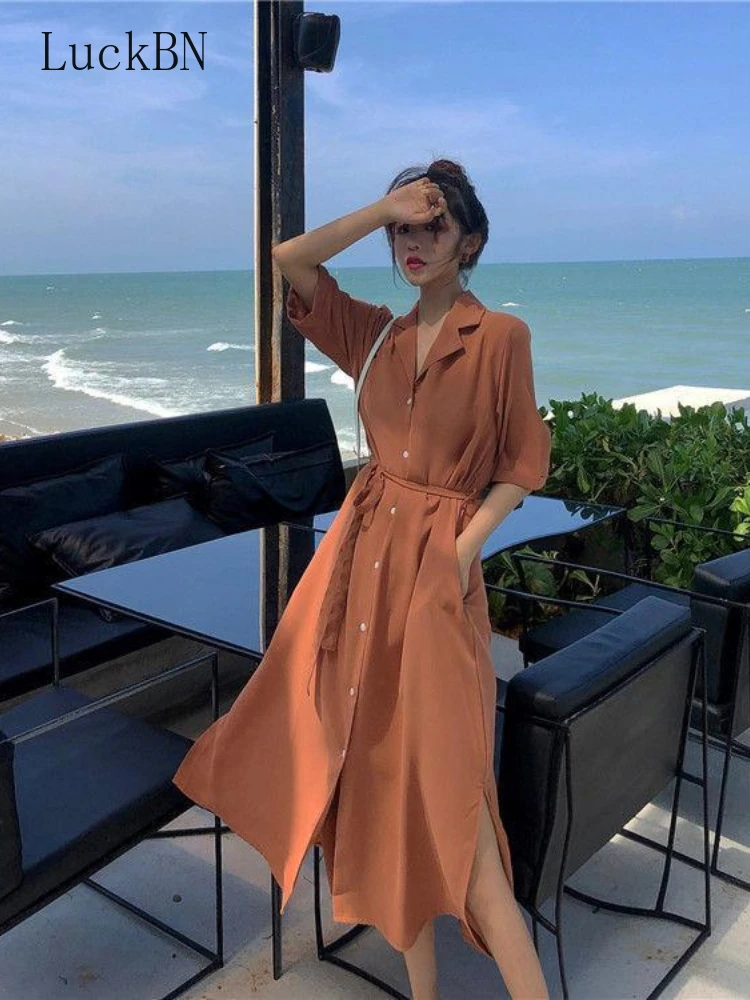 

Винтажное однобортное женское платье 2022, летнее повседневное женское платье с отложным воротником и шнуровкой, пикантные платья с талией д...