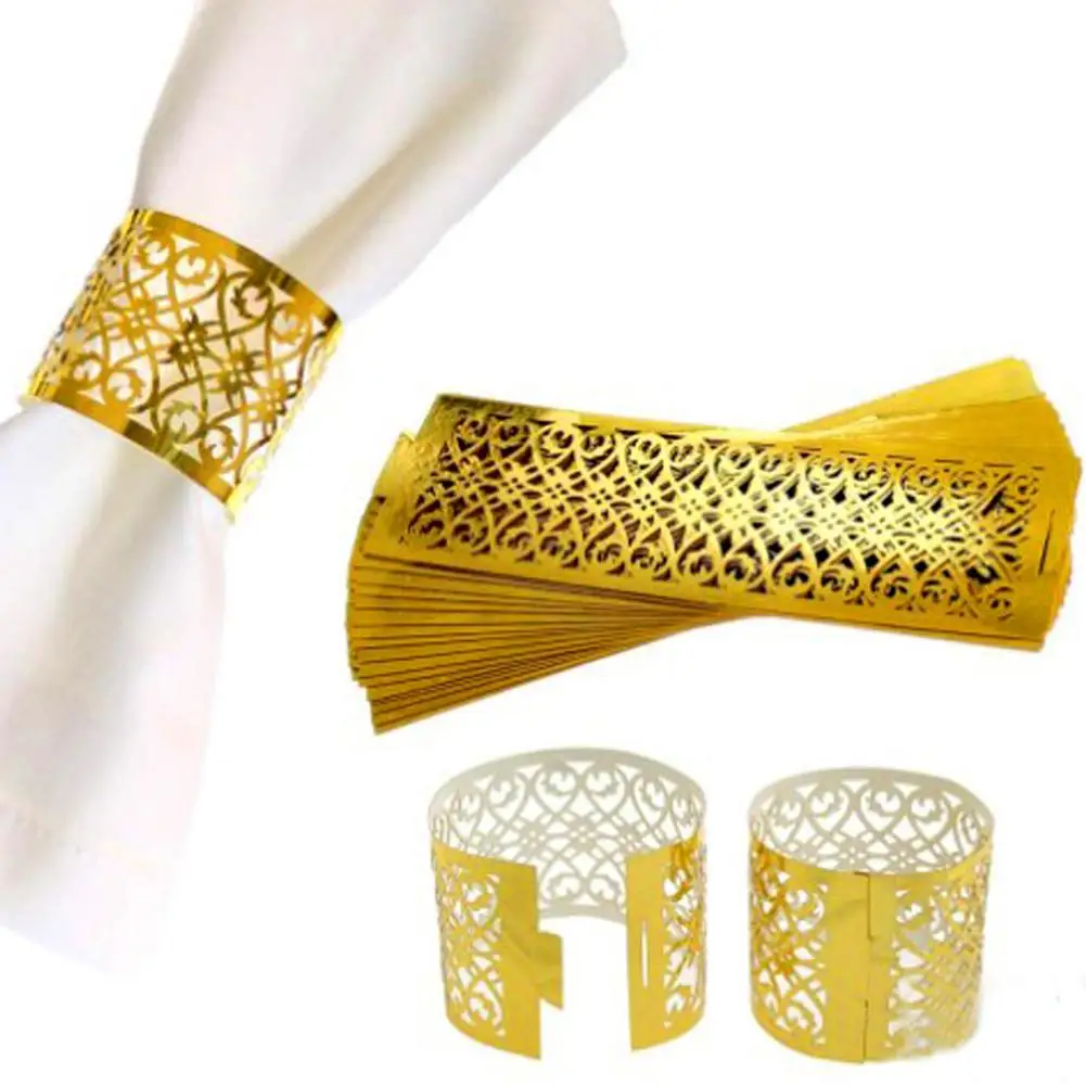 

NEW 50pcs Disposable Reflective Napkin Rings Hollow Out Napkin Buckles For Wedding Party Home Table Decoration