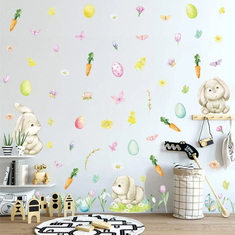 

DIY Cartoon Wall Stickers Easter Day Rabbit Boy Girl Baby Room Decor Aesthetic Wallpaper Pegatinas De Pared Home Decoration