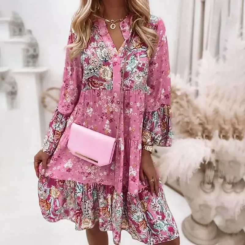 

Retro Floral Print Dress Women Elegant Flare Sleeve Splicing Ruffles Mini Dress Ladies V Neck Loose Bohemian Beach Dresses 2022