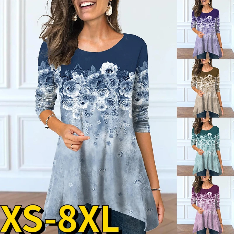 

Женская Базовая футболка с круглым вырезом, весенне-летняя футболка с цветочным принтом, Повседневная футболка для выходных с длинным рука...