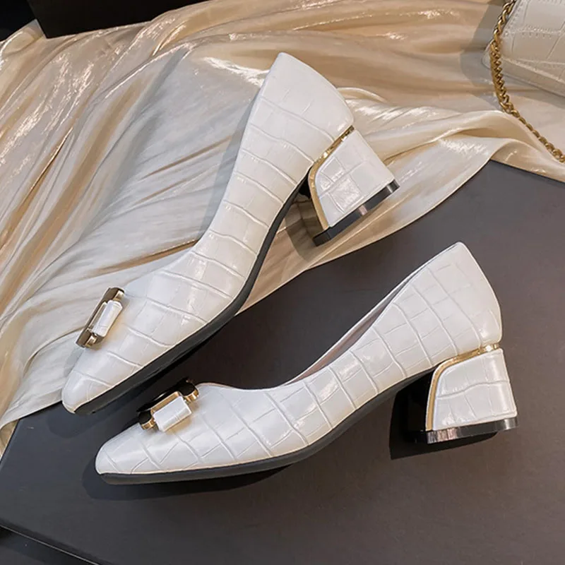 2022 Spring New Metal Buckle Stone Pattern Square Toe Shallow Mouth Single Shoes Medium Thick Heel High Heels Casual Shoes